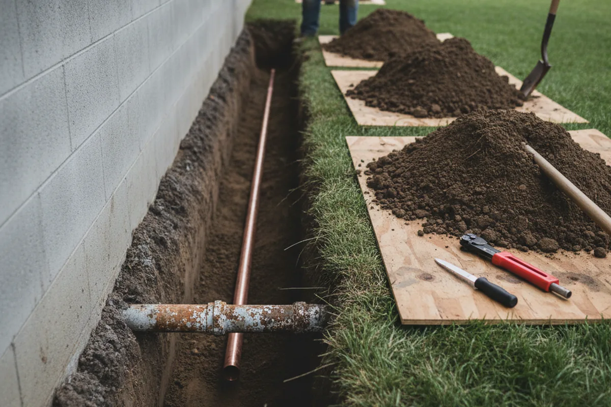 Excavated water line trench during Water Softener Installation in Rocky Mount
